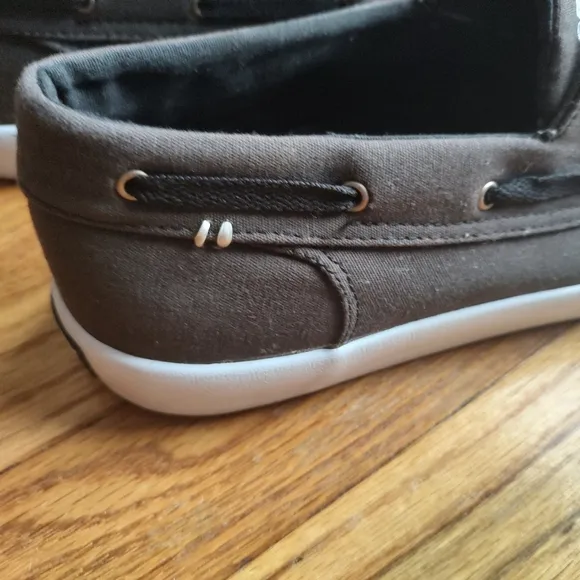 Sperry Top Sider Boat Shoes Sneakers Fabric Brown Lace Up Black Logo Slip on 11