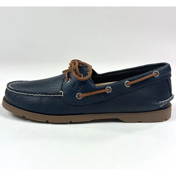 Sperry Top-Sider Leeward 2-Eye Mens Wide Navy Blue Brown Perforated Boat Shoes
