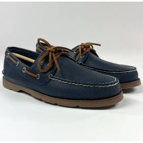 Sperry Top-Sider Leeward 2-Eye Mens Wide Navy Blue Brown Perforated Boat Shoes