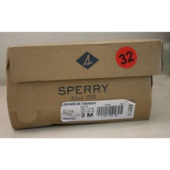 Sperry YB46122A Unisex Kids' Sz 2M Dark Tan/Navy Leather Lanyard Boat Shoes