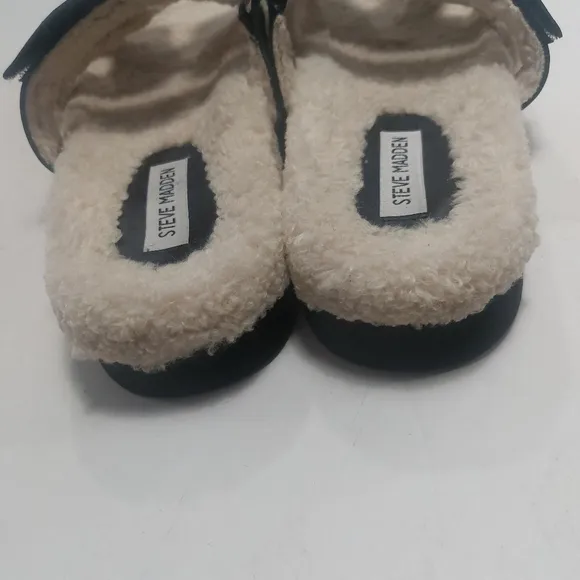 STEVE MADDEN Black and Cream Fuzzy Sandals Size 10