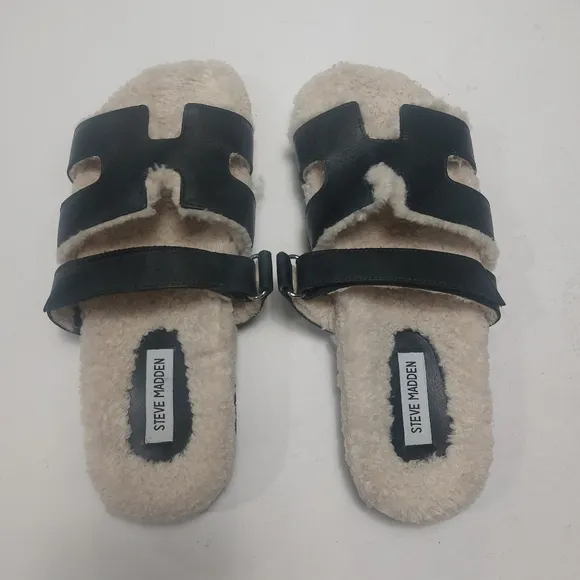 STEVE MADDEN Black and Cream Fuzzy Sandals Size 10