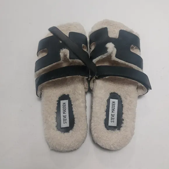 STEVE MADDEN Black and Cream Fuzzy Sandals Size 10