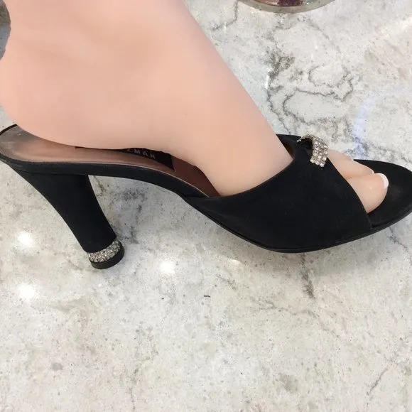 Stuart Weitzman black satin peep toes w/ diamond