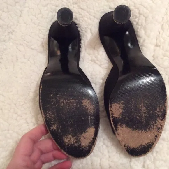 Stuart Weitzman black satin peep toes w/ diamond