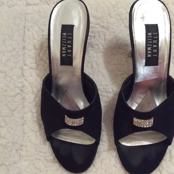 Stuart Weitzman black satin peep toes w/ diamond