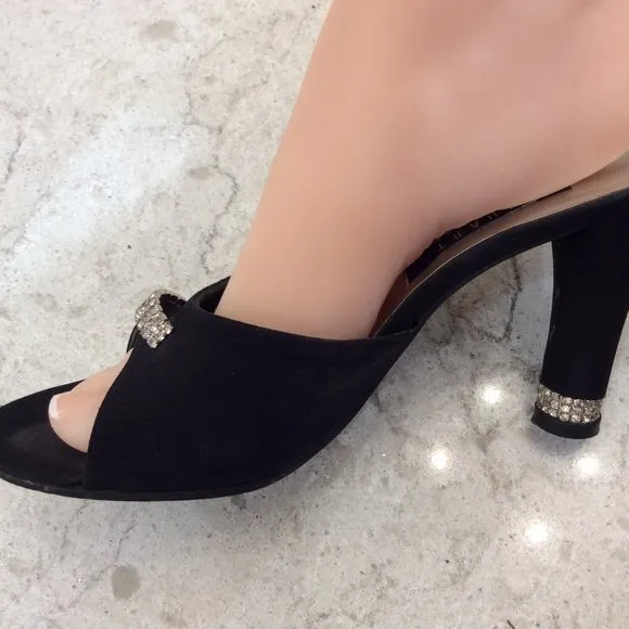 Stuart Weitzman black satin peep toes w/ diamond