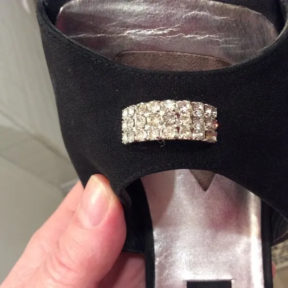 Stuart Weitzman black satin peep toes w/ diamond
