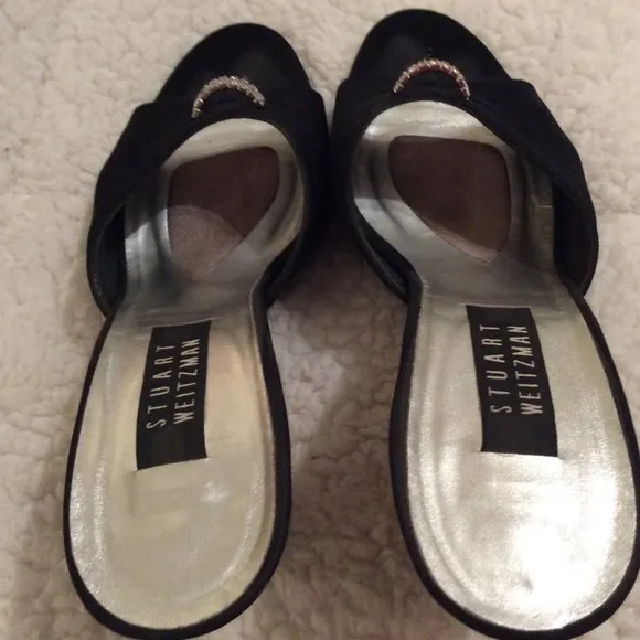 Stuart Weitzman black satin peep toes w/ diamond