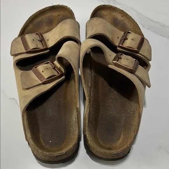 Tan Double Strap Sandals with Buckles