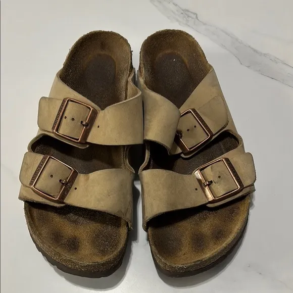 Tan Double Strap Sandals with Buckles