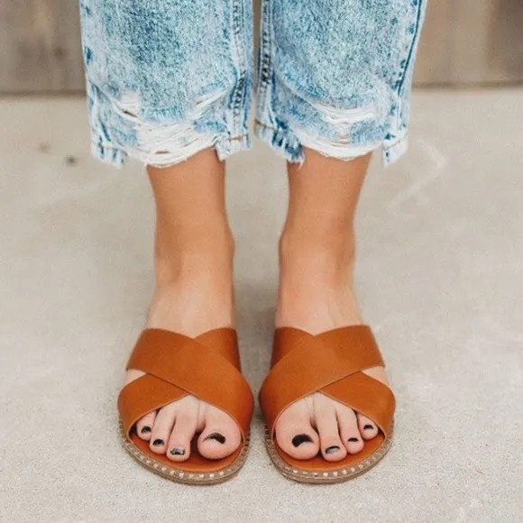 Tan Vegan Leather Criss Cross Studded slide Sandals