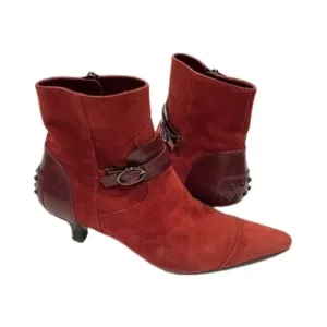 TOD’S Size 6.5 Red Brown Leather Suede Kitten-heel Ankle Booties