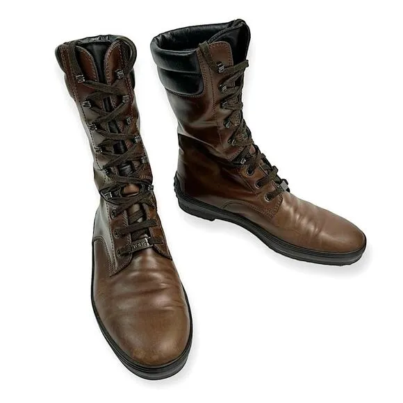 Tod’s Women’s Lace Up Leather Boots Oval Toe Brown Black Size 9.5 Designer Rare