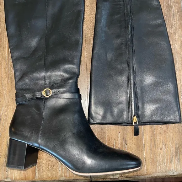 Tory Burch Leather Knee High Boot Women’s 7 Black Riding Block Heel Fall Winter