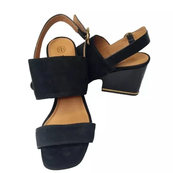 Tory Burch 'Selby' Block Heel Sandals Black Suede Women's Size 8 Shoes MSRP $278