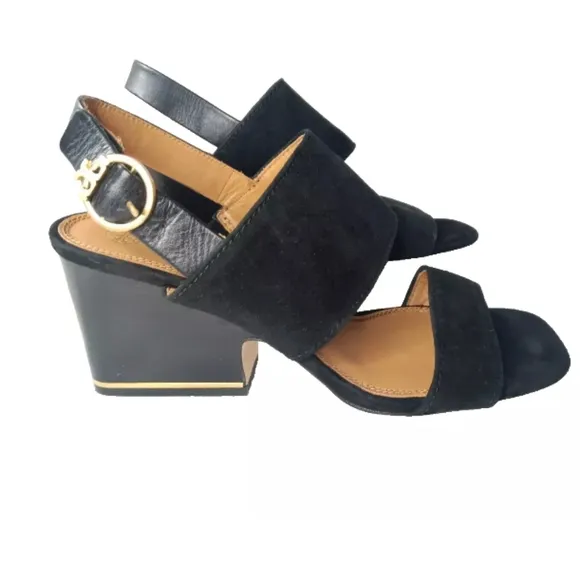 Tory Burch 'Selby' Block Heel Sandals Black Suede Women's Size 8 Shoes MSRP $278