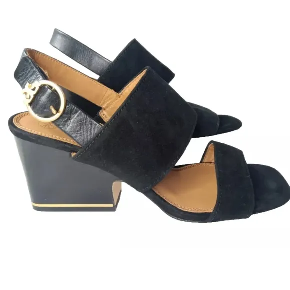 Tory Burch 'Selby' Block Heel Sandals Black Suede Women's Size 8 Shoes MSRP $278