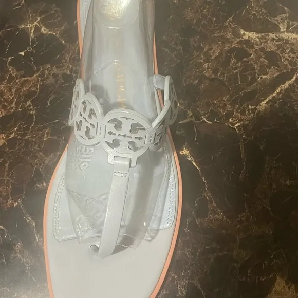 TORY BURCH Tiny Miller Medallion Logo Leather Wedge Thong Sandals Sz 11