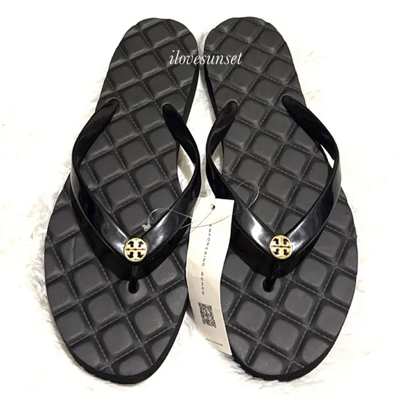 {Tory Burch} Willa Low Wedge Black Flip Flops with Gold Logo
