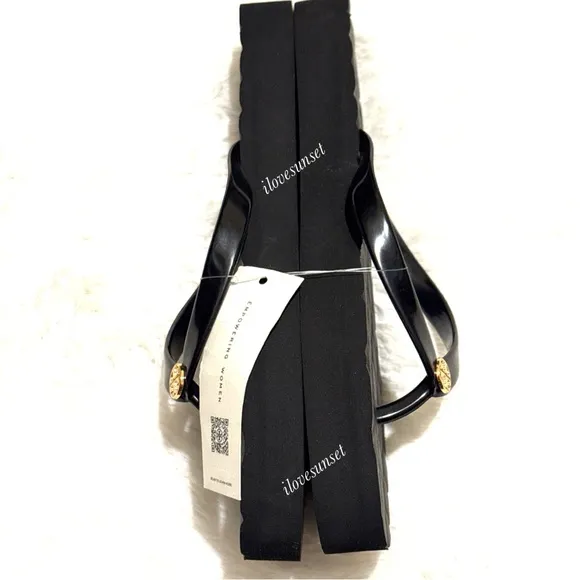 {Tory Burch} Willa Low Wedge Black Flip Flops with Gold Logo