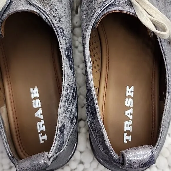 ☆TRASK☆LENA PERFERATED CAMO LACE-UP POINTED SNEAKERS GREY/SILVER LADIES 8.0 🔥