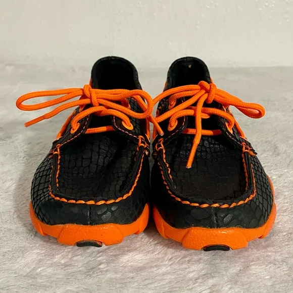 Twisted X Leather Moc Boat Shoes Youth Size 4 (Big Kid) Black Snake Print Orange