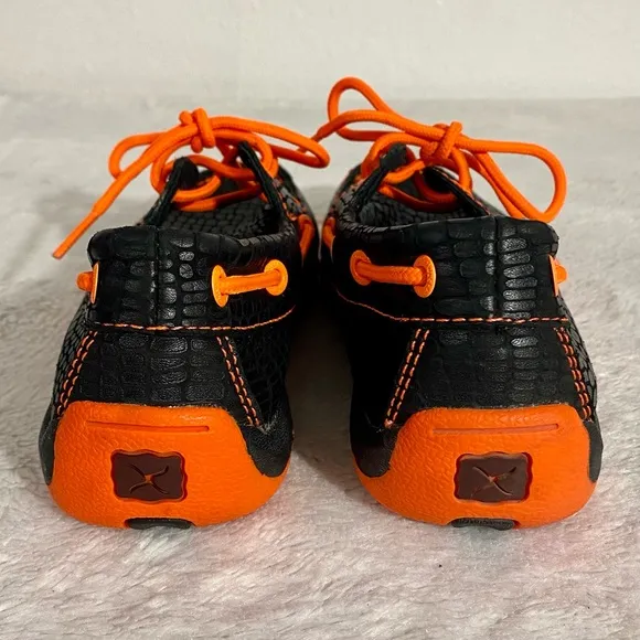 Twisted X Leather Moc Boat Shoes Youth Size 4 (Big Kid) Black Snake Print Orange
