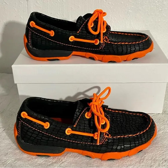 Twisted X Leather Moc Boat Shoes Youth Size 4 (Big Kid) Black Snake Print Orange