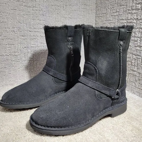 UGG Aveline Women's Size 8.5 US Black Suede Harness Zip Sued Winter Boots 111246
