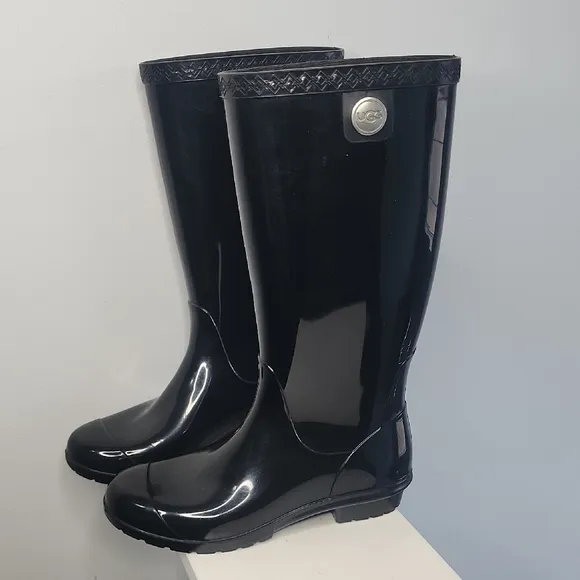 UGG Black Winter Rain Boots with Glossy Finish