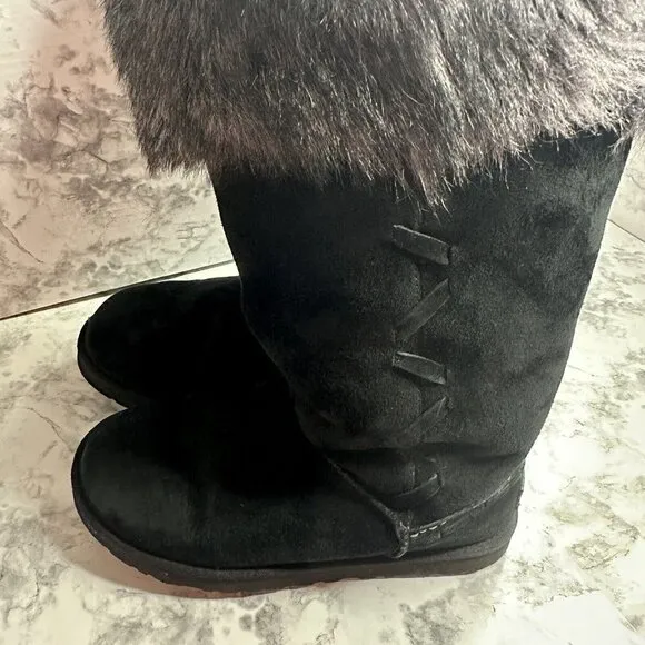 Ugg Boots Womens 7 Tall Rosana Water Resistant Sheepskin Fur Tocana  Black Suede