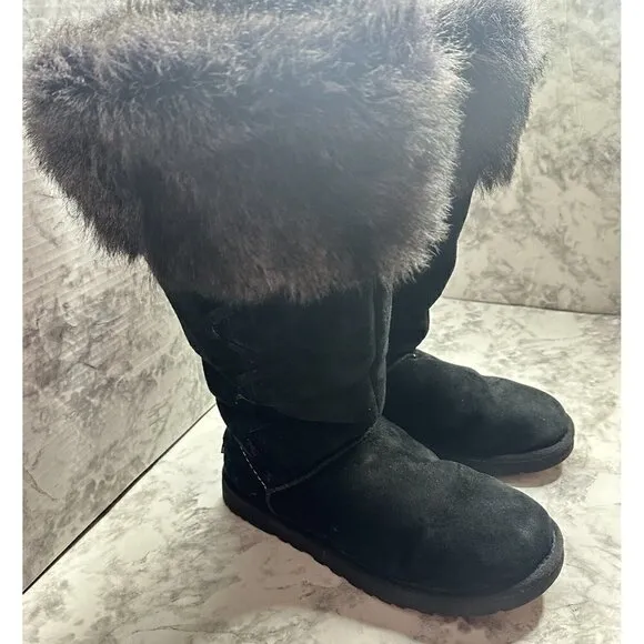 Ugg Boots Womens 7 Tall Rosana Water Resistant Sheepskin Fur Tocana  Black Suede