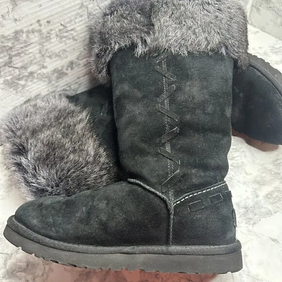 Ugg Boots Womens 7 Tall Rosana Water Resistant Sheepskin Fur Tocana  Black Suede