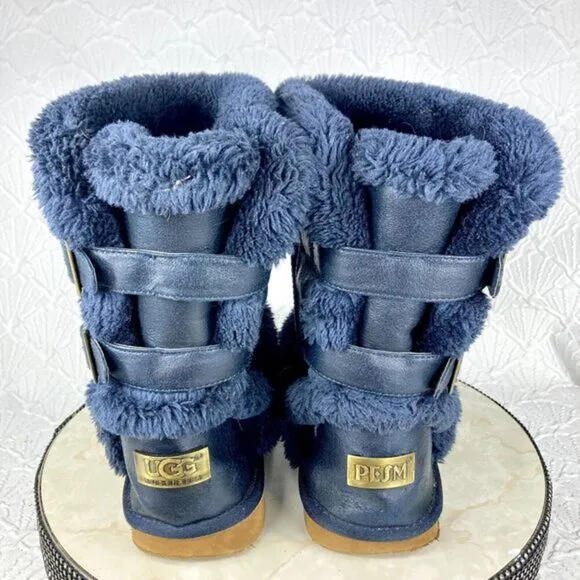 UGG Boots Womens Sz 10 Navy Blue Becket Suede Shearling Sheepskin Buckle Booties