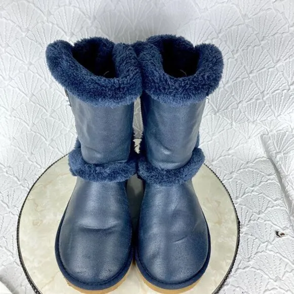 UGG Boots Womens Sz 10 Navy Blue Becket Suede Shearling Sheepskin Buckle Booties