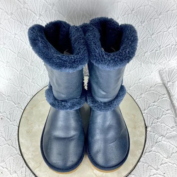UGG Boots Womens Sz 10 Navy Blue Becket Suede Shearling Sheepskin Buckle Booties