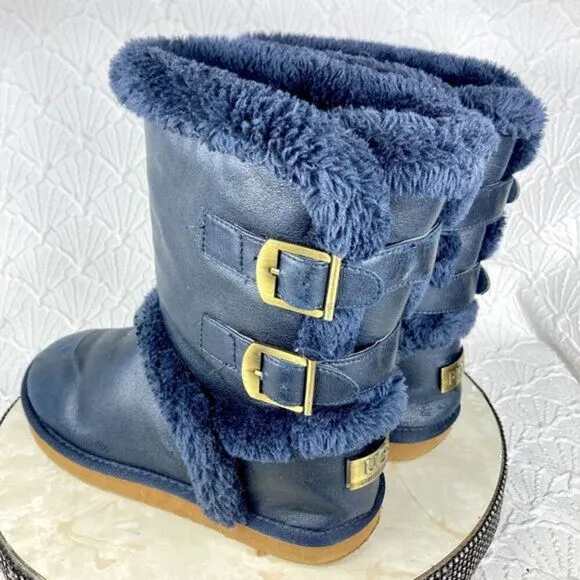 UGG Boots Womens Sz 10 Navy Blue Becket Suede Shearling Sheepskin Buckle Booties