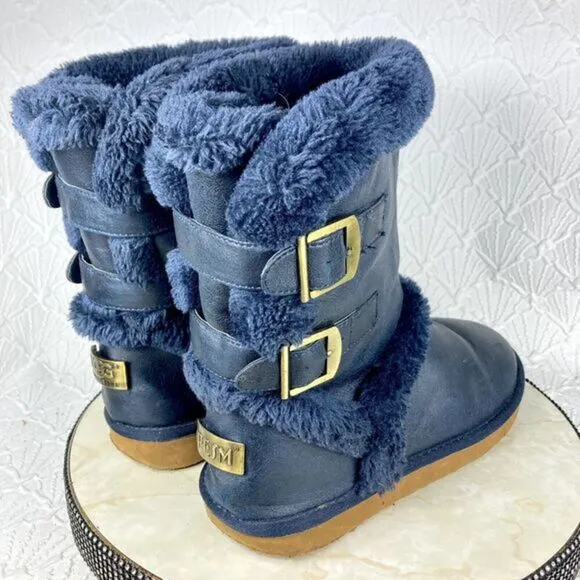 UGG Boots Womens Sz 10 Navy Blue Becket Suede Shearling Sheepskin Buckle Booties