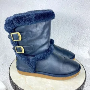 UGG Boots Womens Sz 10 Navy Blue Becket Suede Shearling Sheepskin Buckle Booties