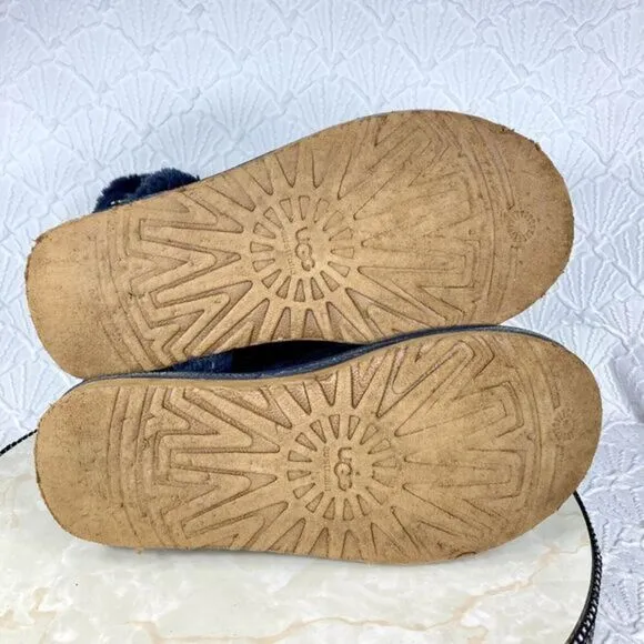 UGG Boots Womens Sz 10 Navy Blue Becket Suede Shearling Sheepskin Buckle Booties