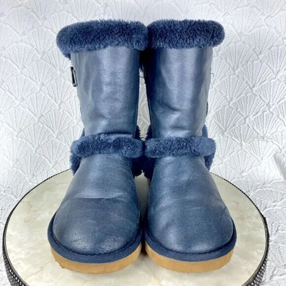 UGG Boots Womens Sz 10 Navy Blue Becket Suede Shearling Sheepskin Buckle Booties