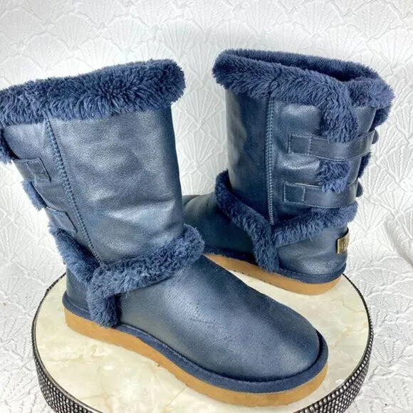 UGG Boots Womens Sz 10 Navy Blue Becket Suede Shearling Sheepskin Buckle Booties