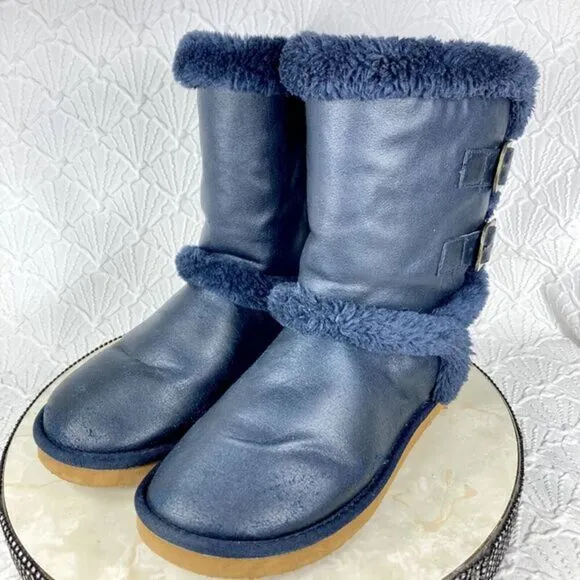 UGG Boots Womens Sz 10 Navy Blue Becket Suede Shearling Sheepskin Buckle Booties