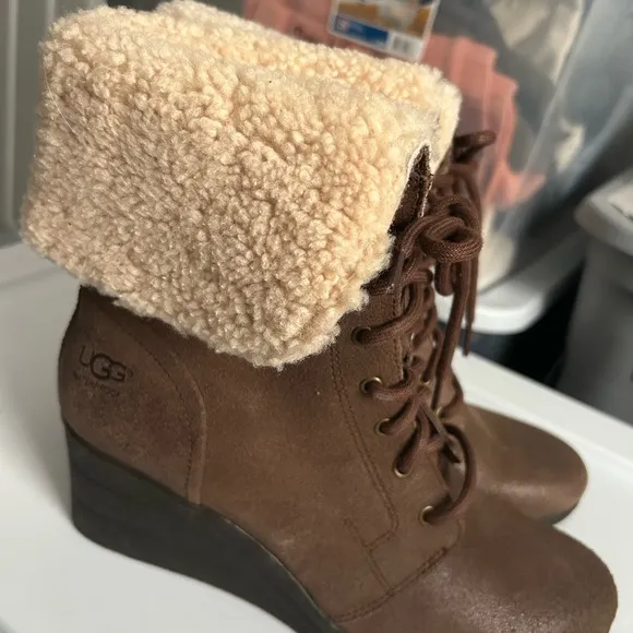 UGG Brown Lace Up Boots with Cream Sherpa