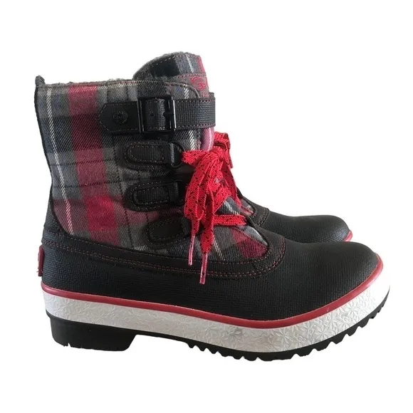 Ugg Decatur Red &amp; Black Plaid Lace Up Rubber Duck Winter Boots 6