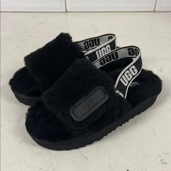 UGG Disco Slide Kids Black Fluffy Sandals - Slippers Size 13