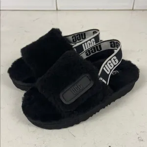 UGG Disco Slide Kids Black Fluffy Sandals - Slippers Size 13