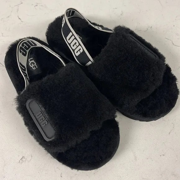 UGG Disco Slide Kids Black Fluffy Sandals - Slippers Size 13