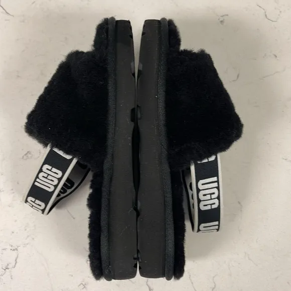 UGG Disco Slide Kids Black Fluffy Sandals - Slippers Size 13